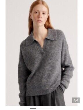 Quince Waffle Polo Sweater Grey Alpaca Wool Blend